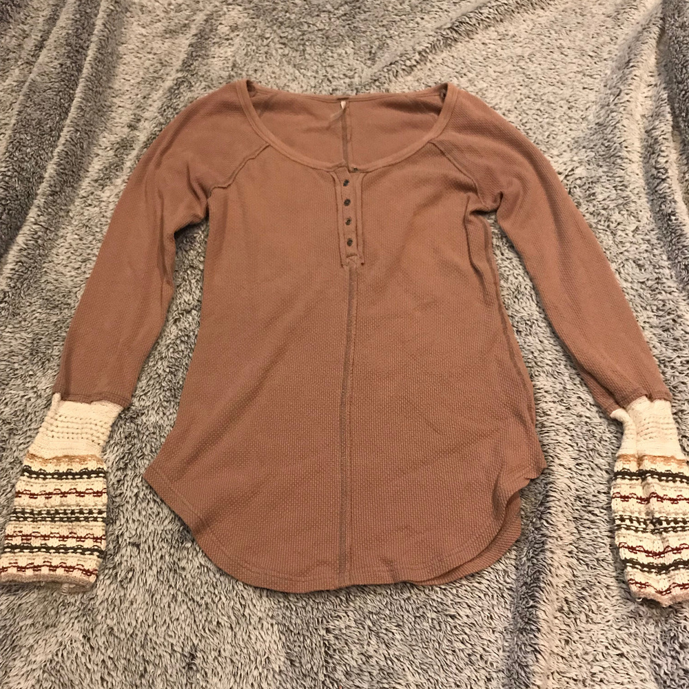 Free People Thermal Shirt with Crochet Sleeves